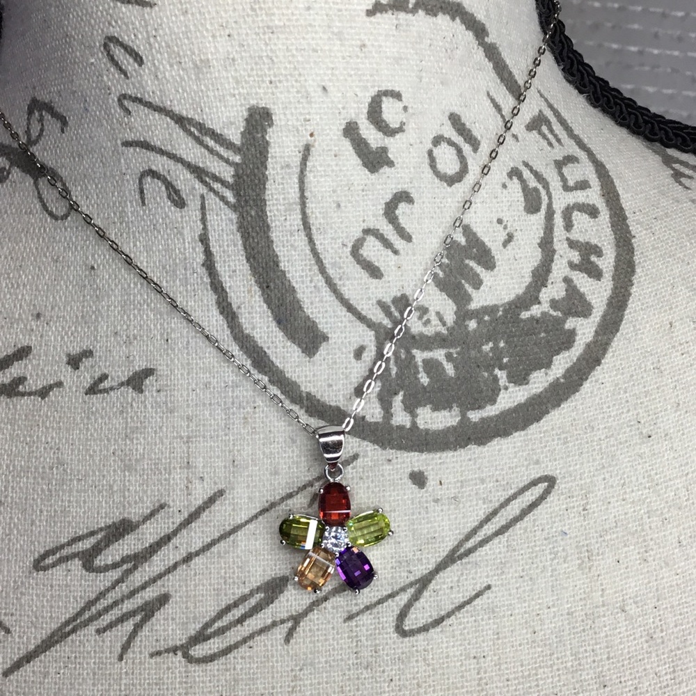17” Sterling Silver chain with colorful stone pendant